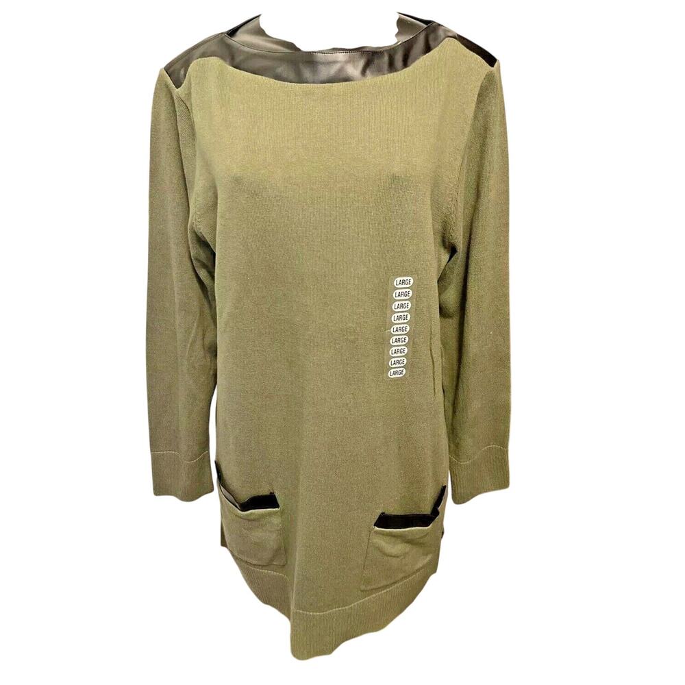 Large Eight Eight Eight New Tunic Sweater Faux Leather Trim Green Black
